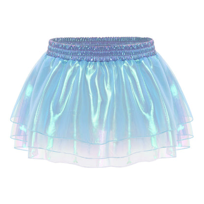 Womens Tiered A-line Pleated Short Skirt Shiny Glitter Skirt for Rave Festival Pole Dance Bar Party Skirt Night Club Costume
