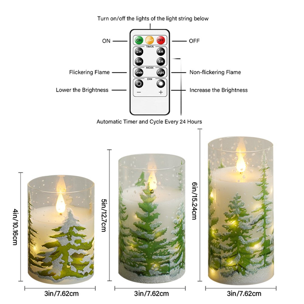 3in Glass Paraffin Built In String Light Print LED Flameless Candle 2AA Battery Remote Control Christmas Candle Decor Lighting