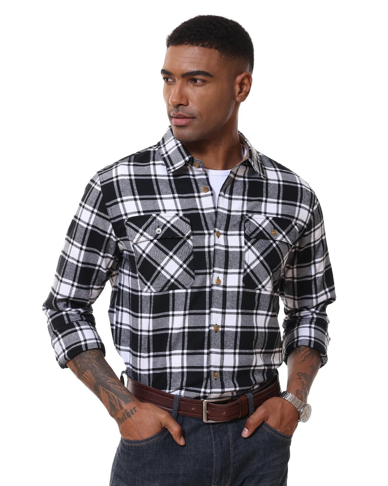 MAGCOMSEN Flannel Shirts Men's Long Sleeves Cotton Long Sleeve Plaid Shirt with 2 Pockets Button Down Casual Corduroy Shirt Male