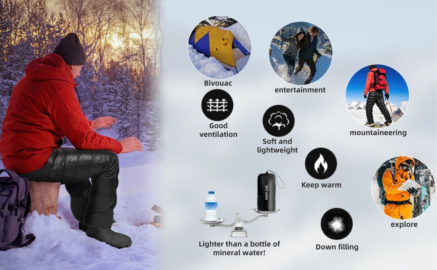 MAPLEAF Down Pants Winter Hiking Trousers Ultralight Warm Down Trousers 800FP Windproof Waterproof Ski Pants Camping Snow Pants