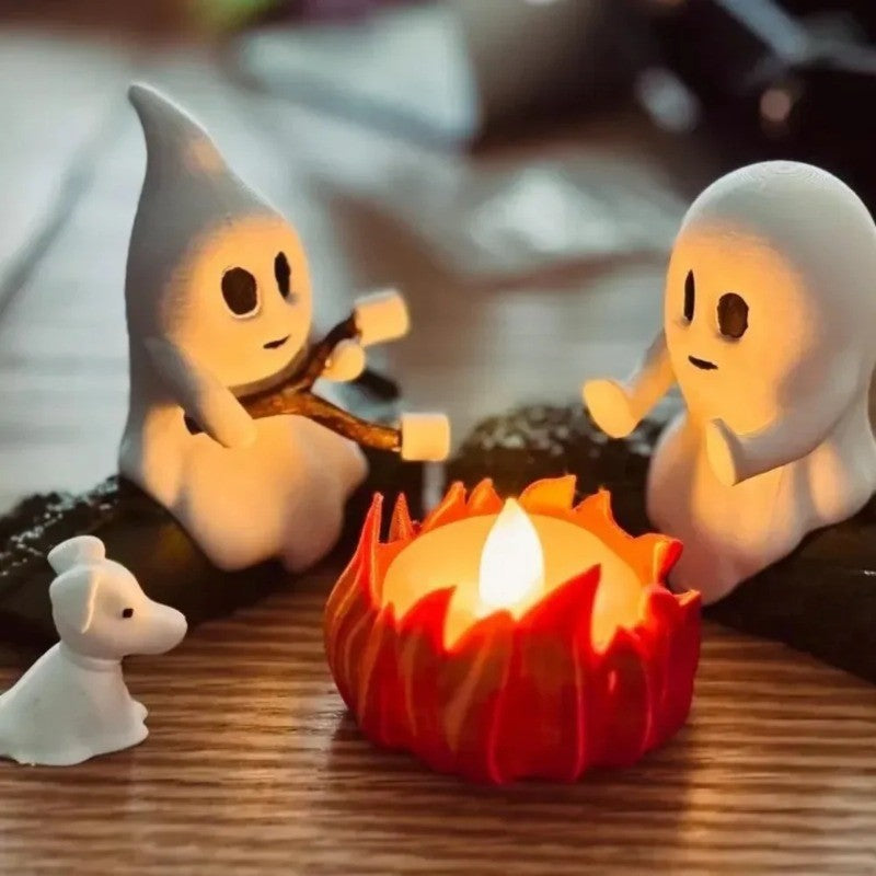 Halloween Ghost Nightlight Campfire Figurine Set Cute Ghost Statue Small Campfire Light Fun Halloween Decor Gift for Home Party