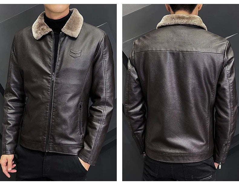 Vintage Brown Leather Jacket Men's Winter Faux Fur Collar Windproof Warm Coat Male Luxury Clothing Brand chaqueta cuero hombre