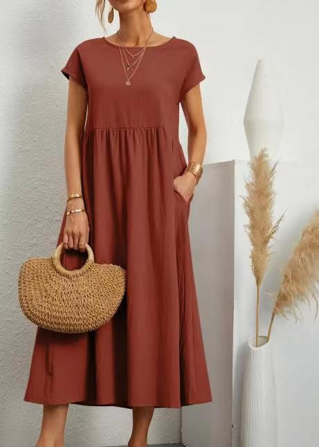 Women Vintage Solid Dress 2023 Summer Elegant O Neck Short Sleeve Cotton Linen D