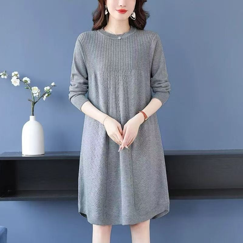 Women's Clothing Elegant All-match Solid Knit Dresses Autumn Winter New Casual Loose Long Sleeve Knee-Length Sweater Pullovers