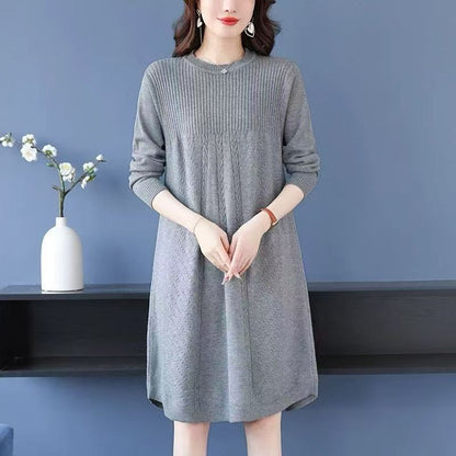 Women's Clothing Elegant All-match Solid Knit Dresses Autumn Winter New Casual Loose Long Sleeve Knee-Length Sweater Pullovers