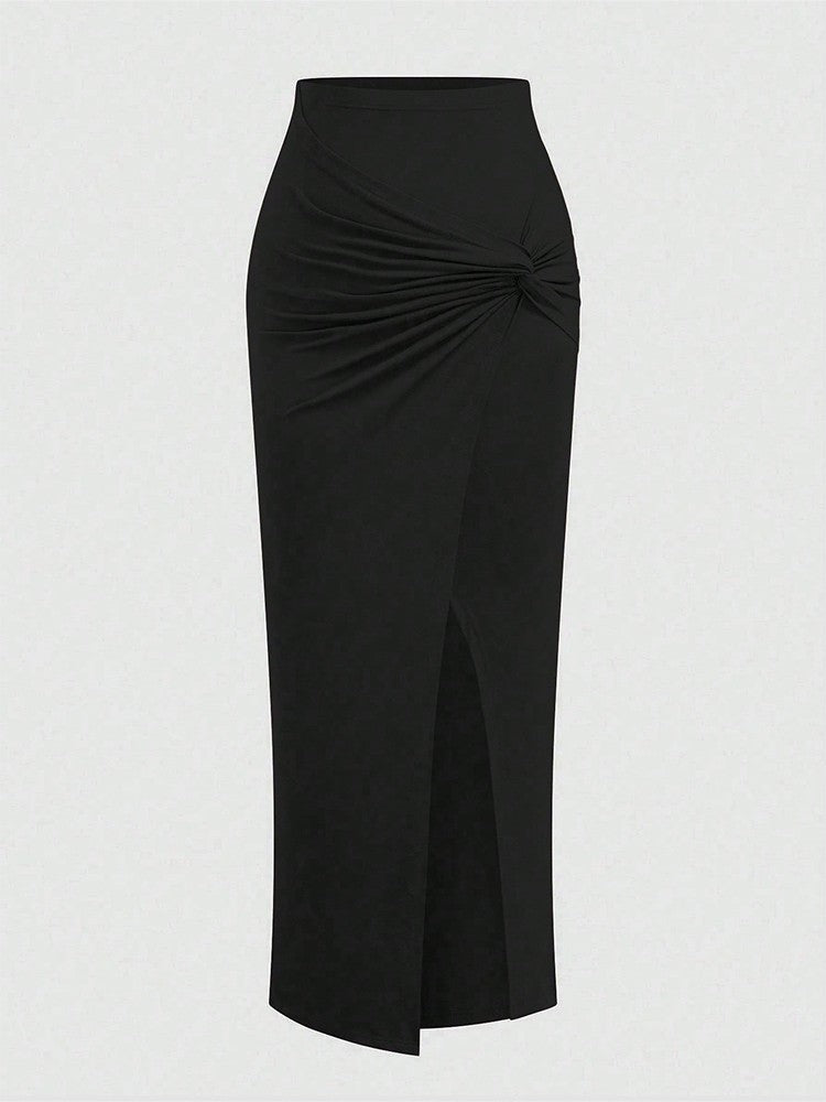 plus Size Elegant Halter Long Dress for Women Twisted Design Slit Skinny Casual Pure Color Holiday Mature Women's Fashion