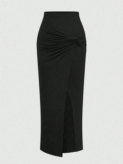 plus Size Elegant Halter Long Dress for Women Twisted Design Slit Skinny Casual Pure Color Holiday Mature Women's Fashion