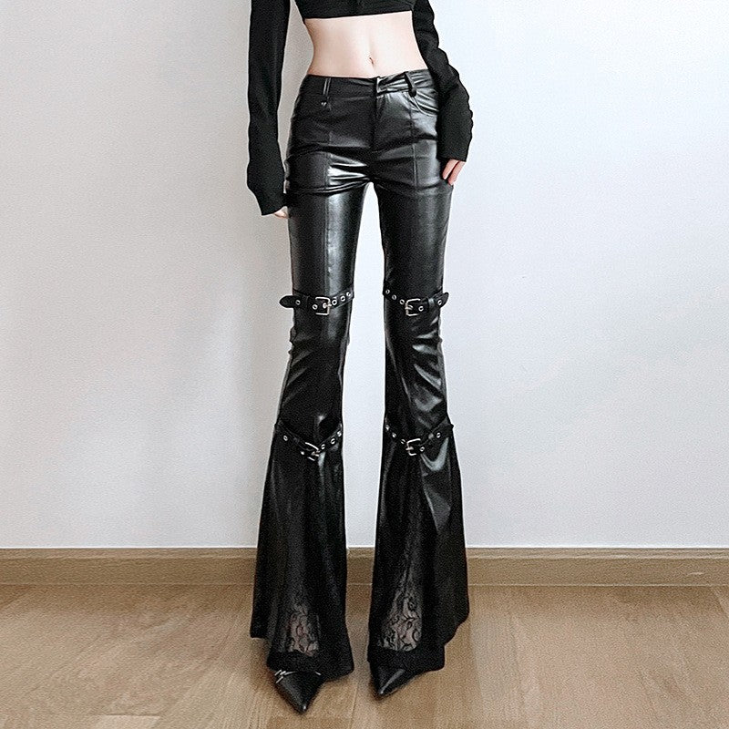PU Leather Flare Pant Goth Buckle Lace Patchwork Pants Women Fashion Y2K Streetwear Vintage Aesthetics Casual Pants Trousers
