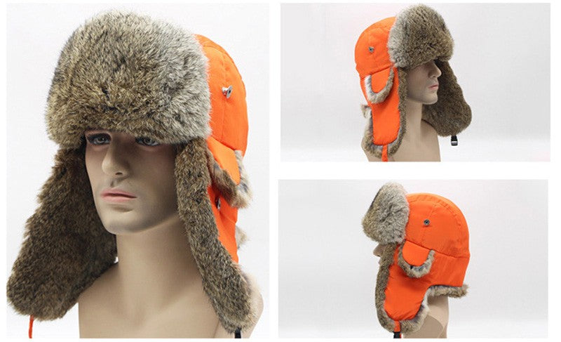 New Russia Winter Real fur Hat Men Outdoor Windproof Super Warm Real Rabbit Fur Bomber Hats Natural Soft Natural Rabbit Fur Caps