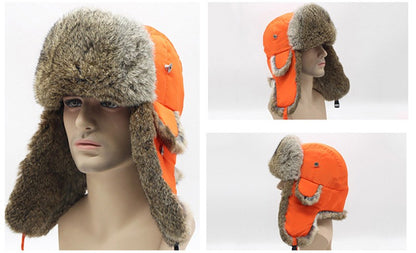 New Russia Winter Real fur Hat Men Outdoor Windproof Super Warm Real Rabbit Fur Bomber Hats Natural Soft Natural Rabbit Fur Caps