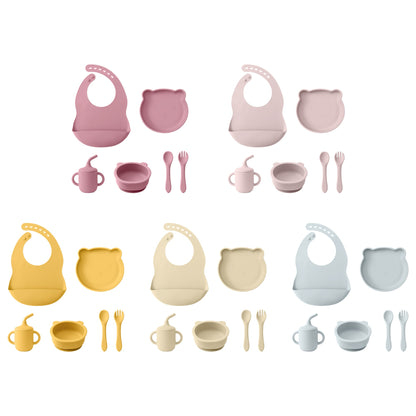 Color Kids Silicone Baby Feeding Set Adjustable Bib Cartoon Bear Shape Sucker Bowl Plate Portable Cup Utensils Tableware Sets