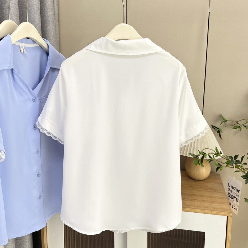 Plus Size Women's Summer New Style Lace Sleeve V-Neck Short Sleeve Shirt Fresh And Elegant Fashionable Blouse Polyester Fabric
