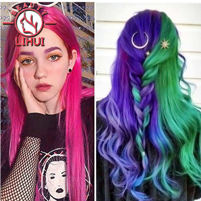 LIHUI Longo Liso Colorido Aplique de Cabelo Extensões de Cabelo com Clipe Mechas Arco-Íris Destaque Cabelo Sintético Rosa em Clipe