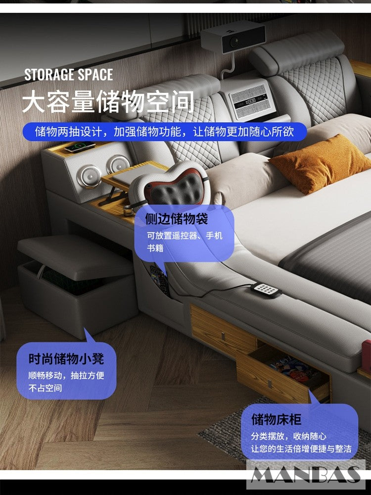 MANBAS Tech Smart Bed - the Ultimate Multifunctional Bedframe with Genuine Leather, Massage, Speaker, Projector, Air Purifier