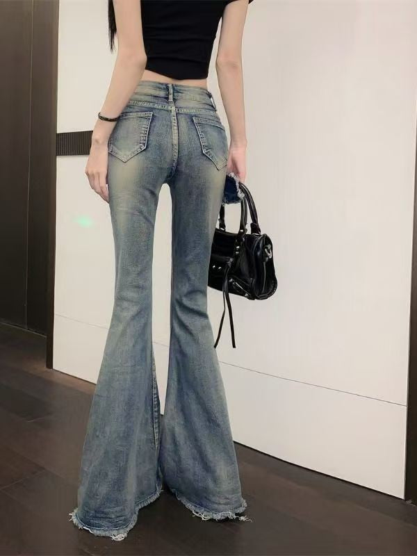 New retro micro-flare women jeans ins fashionable streetwear hot girl style belt bristled design slim straight pants