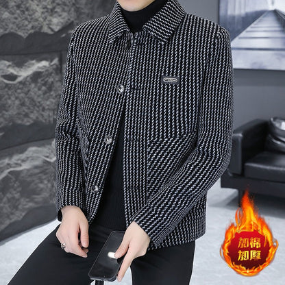 Korean Fashion Woolen Jacket for Men 2023 Winter Plaid Casual Business Trench Coat Slim Social Office Street Wear Short Overcoat