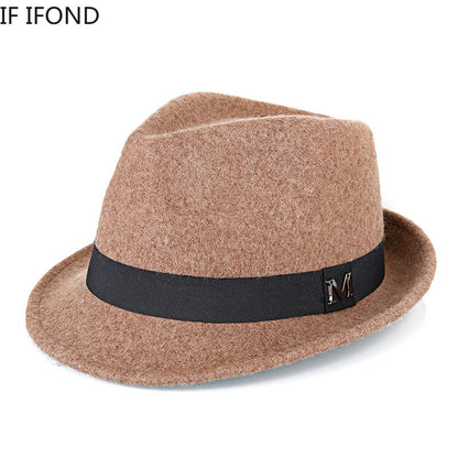 Men Winter Thick Warm Felt Fedora Hats Wool Gentleman Jazz Cap Homburg Male Classical Narrow Brim Top Hat