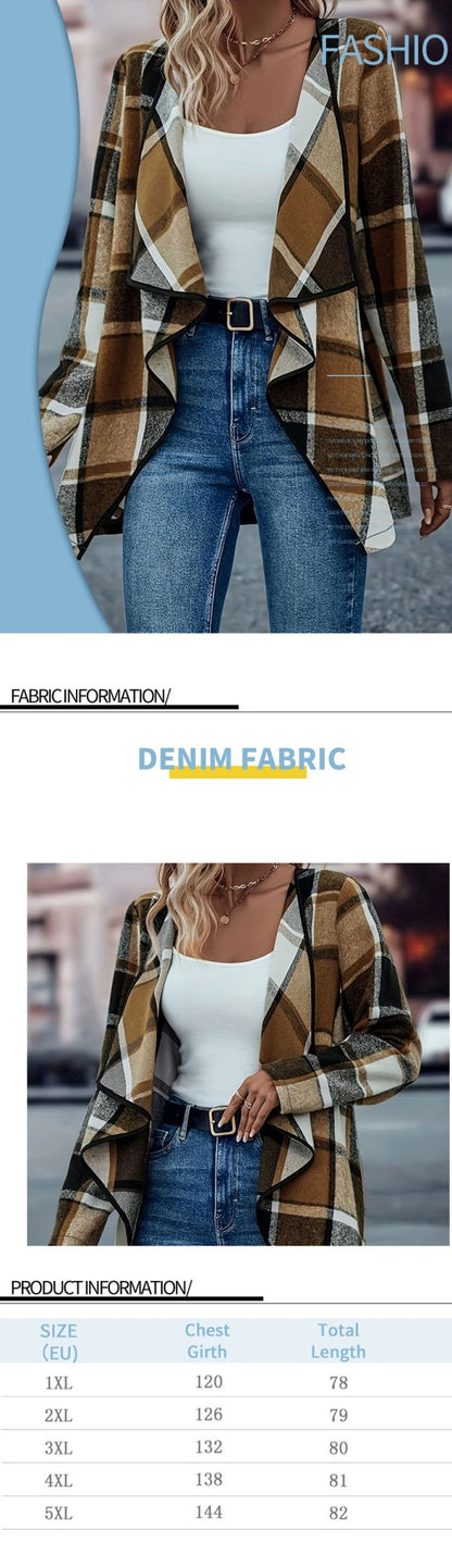 Women Plus Size Woven Open Front Long Sleeve Checkered Pattern Casual Jacket Classic Plaid Outerwear for Spring Autumn