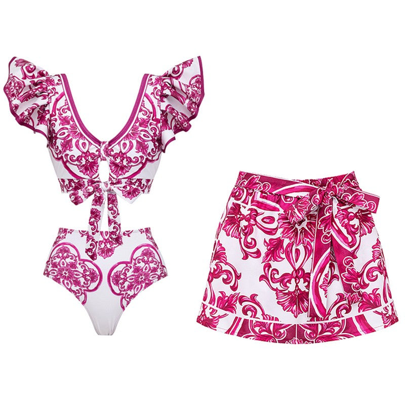 Flaxmaker Classic Women Sexy Bikini Sets Long Sleeves Majolica Series Pattern Print One Piece Swimsuit Skirt Biquini Beachwear