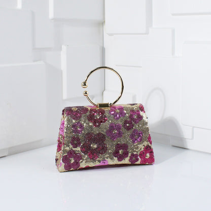 Metal Top Handle Bags for Bridal Women Shiny Sequins Evening Handbag Colorful Flowers Party Clutch Purse Chain Shoulder Bags
