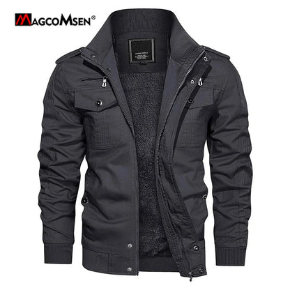 MAGCOMSEN Men's Fleece Jackets Windbreaker Coats Fall Winter Thermal Bomber Jackets Multi-pockets Stand Collar Motorcycle Jacket
