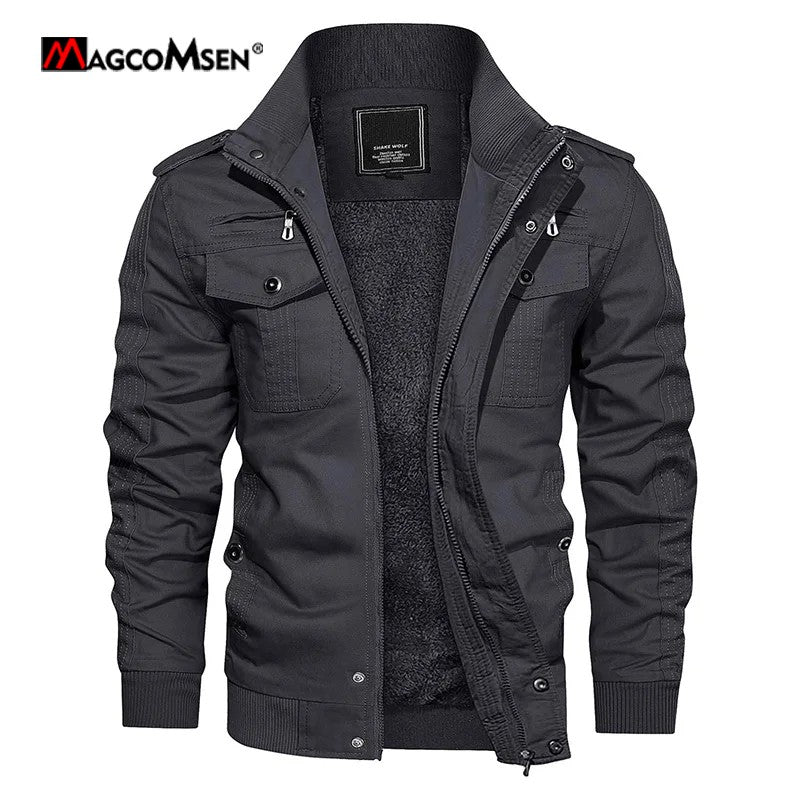 MAGCOMSEN Men's Fleece Jackets Windbreaker Coats Fall Winter Thermal Bomber Jackets Multi-pockets Stand Collar Motorcycle Jacket