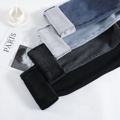 Thickened Fleece Lined Retro Women's Wide Leg Jeans Winter New Style Hong Kong Flavor Small Size Straight Cut Warm Trousers