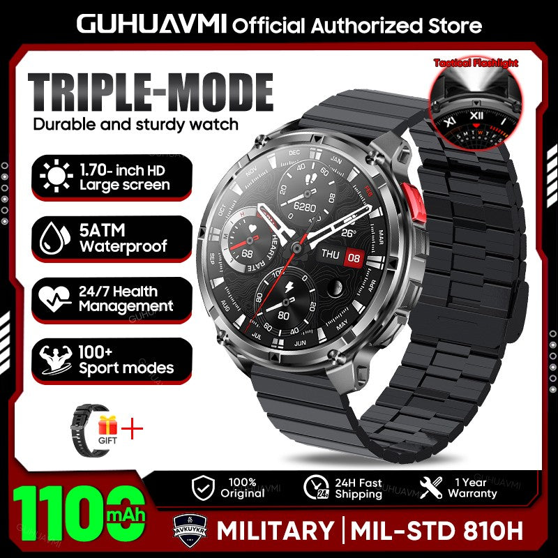 2026 New 1.7-inch Military sports SmartWatch 1100mAh large battery Outdoor compass flashlight 5ATM waterproof BT Call SmartWatch