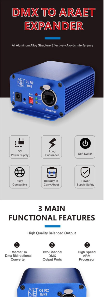 Artnet to DMX Controller, DMX Ethernet Lighting Controller, Professional Artnet DMX Interface , 3 Pin Output, Aluminum Housing