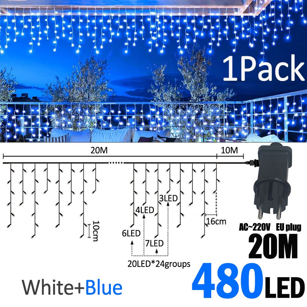 LED Christmas Icicle Curtain String Lights 20M+10M 480LED Extens 8Modes, Plug in Waterproof for Wedding Party Home Garden