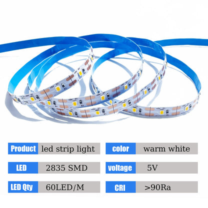 1-5m 5V LED Strip Lights 2835 USB 60 LEDs/m TV Backlight Flexible Lighting Ribbon Tape for Bedroom Wardrobe DIY Decoration Light