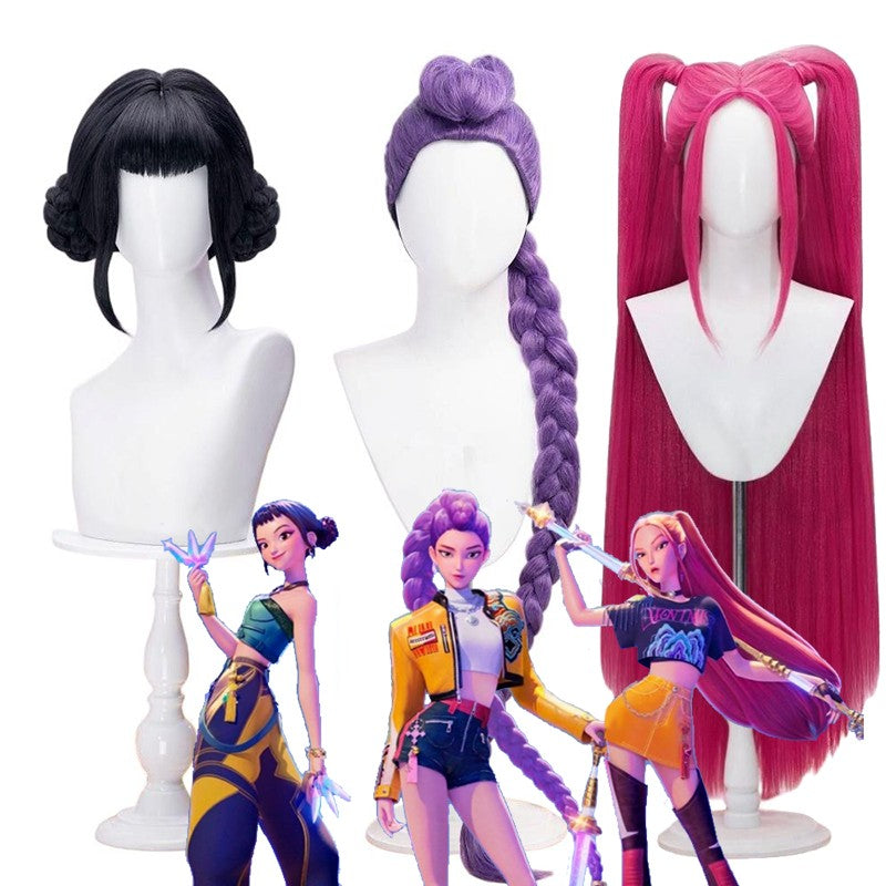 Peruca Cosplay Kpo-p Mir-a Rum-i Zo-e Demon Hunters Cabelo Longo Roxo Preto Vermelho Perucas Sintéticas Resistentes ao Calor Adereços de Carnaval