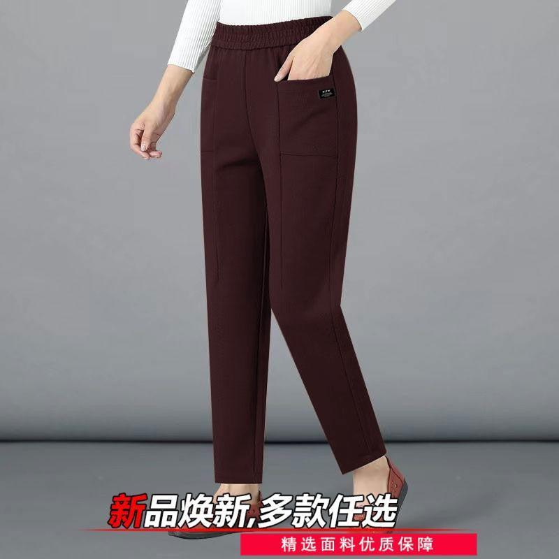 High Waist Straight Leg Pants Women's Fleece Lined Elastic Casual Mom Pants Spring Autumn Winter Polyester Fiber Harlan Pants