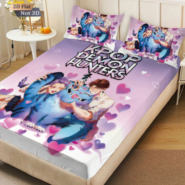 3 peças K-Pop Caçadores de Demônios Estampa Lençol de Elástico sem núcleo Vários Tamanhos Quartos Dormitório Colcha Decoração Lavável à Máquina