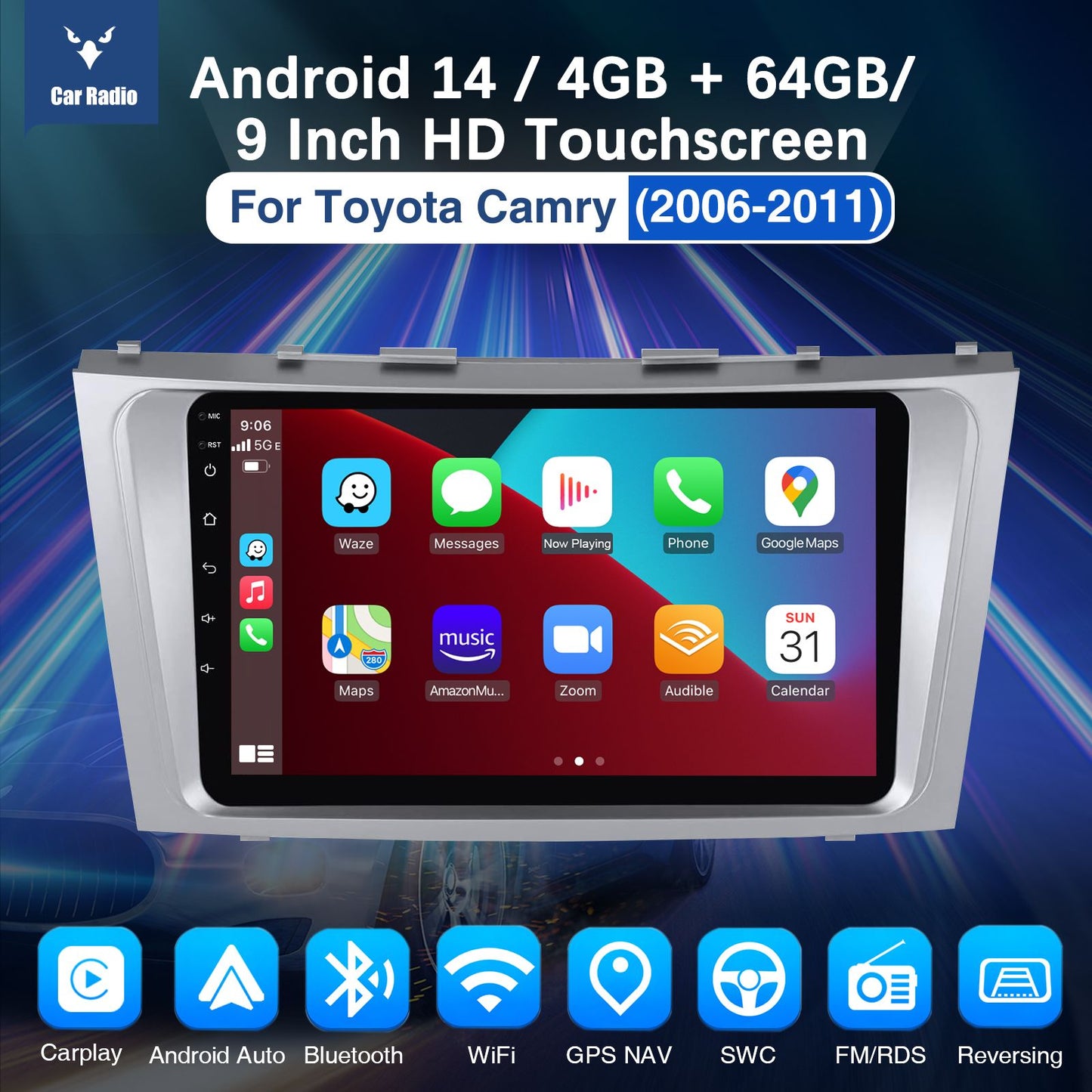 9" Android 14 Car Radio Multimedia Video Player 2 Din For Toyota Camry 2006 2007 2008 2009 2010 2011 GPS Navi Head Unit Carplay