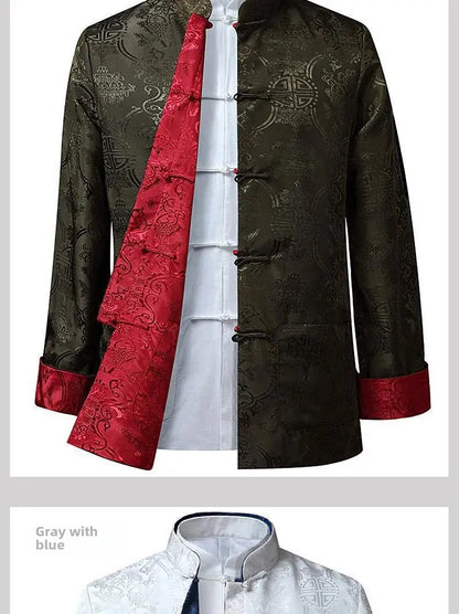 Spring Autumn Double-Sided Wearable Vintage Blazer Jacket Men's Casual Chinese Style Middle-Aged And Elderly Fashion Outerwear