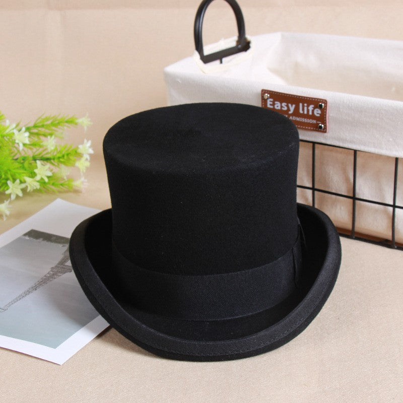 2024 Wool Flat Man Top Hat Fashion Fedora Hats Versatile Panama Magician Cap Gentleman Cylinder Strap Steampunk Unisex Elegant