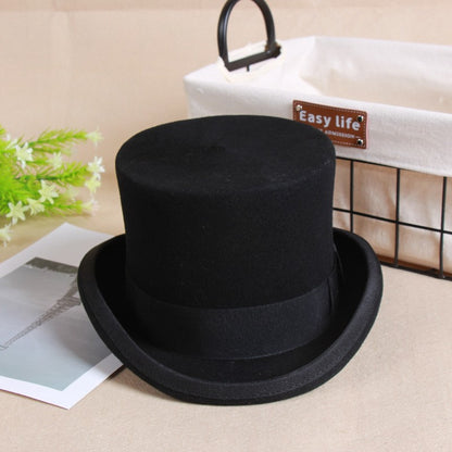 2024 Wool Flat Man Top Hat Fashion Fedora Hats Versatile Panama Magician Cap Gentleman Cylinder Strap Steampunk Unisex Elegant