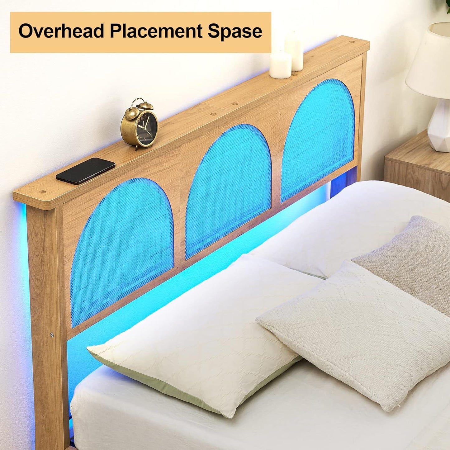 Estrutura de Cama de Casal com Cabeceira de Rattan Natural, Estrutura de Cama Plataforma de Casal com Luzes LED e Cabeceira de Rattan, Madeira