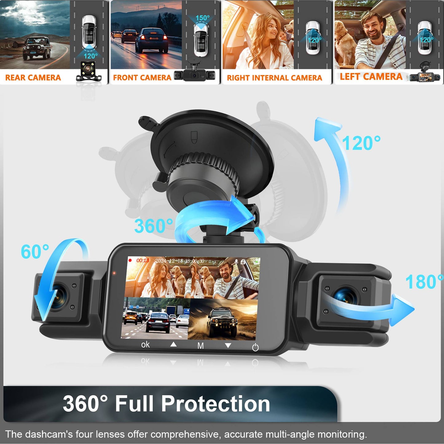 Câmera automotiva (Dashcam) 4 canais Black Box WiFi Câmera de condução FHD 1080P Visão Noturna Gravação em Loop adiciona kit de fiação acessórios automotivos
