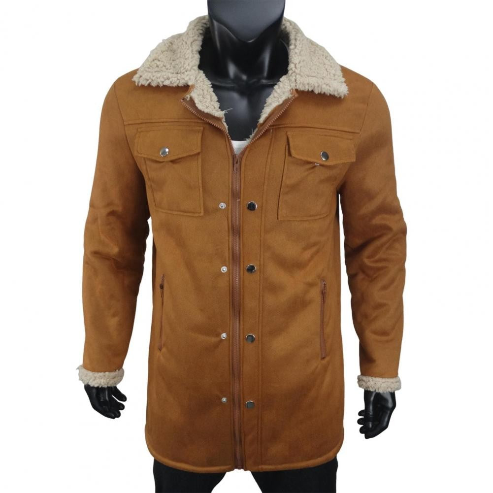 Autumn Winter Men Jacket Lapel Single-Breasted Mid-Length Coat Windproof Jacket Suede Multi Pockets Outerwear Men Clothing