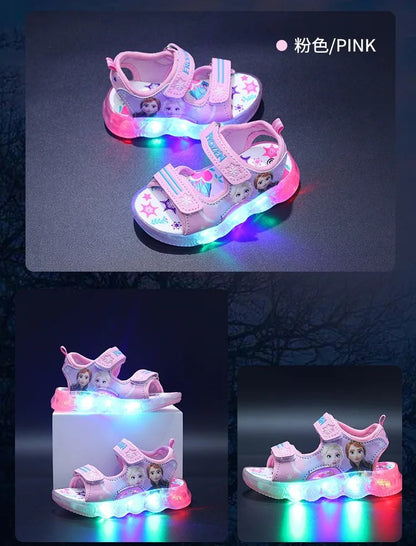 Disney Boys Girls Frozen Elsa Princess Led Light Up Luminous Sports Sandals Summer Kids Sandals Non-slip Toddler Shoes