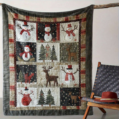 Cozy Christmas Flannel Quilt Throw - Soft Warm 280gsm All-Season Bedspread with Snowman, Reindeer & Cedar Print, Plaid Border