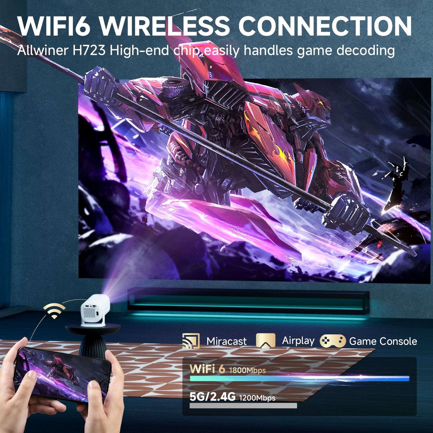 HONGTOP Android 14 P30PRO Supports 720p Screen Mirroring Smart Projector 4K WiFi6 Smart Home Theater Outdoor Portable Projector