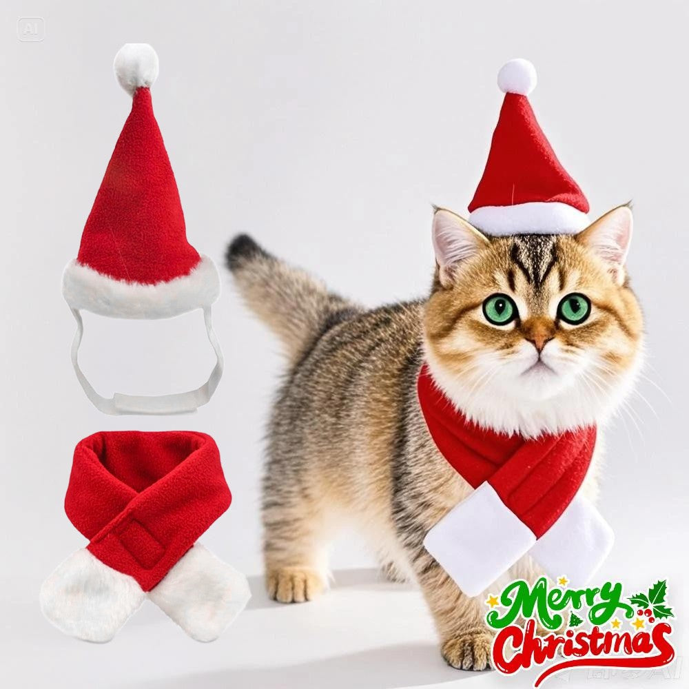 Conjunto de Fantasia de Natal para Pets, Gorro e Cachecol Ajustáveis de Papai Noel para Cães Pequenos, Gatos e Filhotes, Acessórios para Fotos de Festas