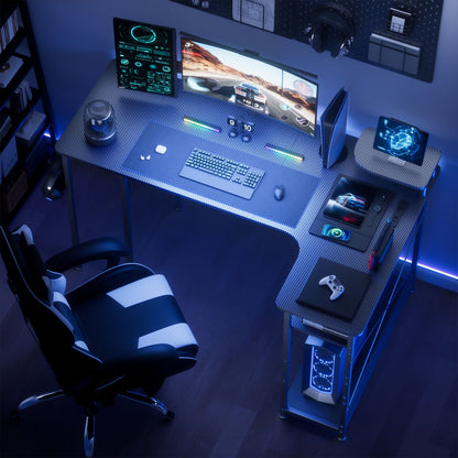 Mesa Gamer em L com Gavetas, Mesa de Computador em Fibra de Carbono com Suporte para Monitor, Mesa Gamer para Escritório Doméstico