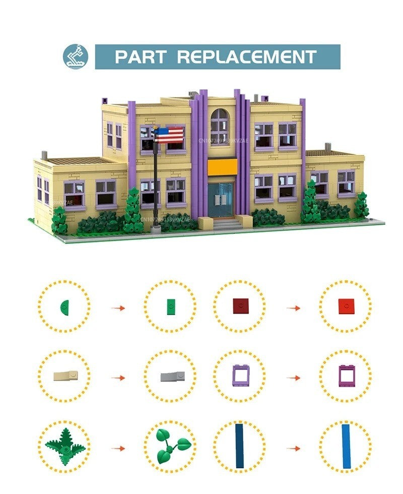 MOC Simpsonized Modular Taberna do Moe Blocos de Construção Casa da Cidade Escola Primária de Springfield Arquitetura Skyline Tijolos Brinquedos