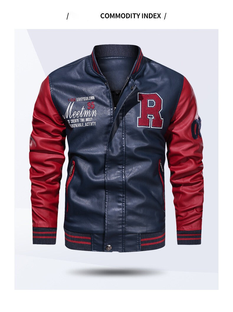 Spring and Autumn Men's Motorcycle Suit Leather jacket Color blocking American baseball collar pilot casual PU leather jacket