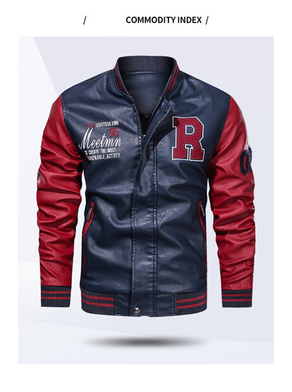 Spring and Autumn Men's Motorcycle Suit Leather jacket Color blocking American baseball collar pilot casual PU leather jacket