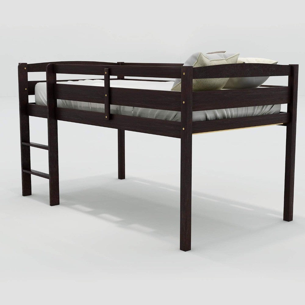 Cama suspensa baixa de madeira tamanho solteiro Espresso com escada